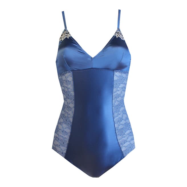 Smoky Blue Aphrodite Satin Bodysuit with Corded Lace - BrandAlley