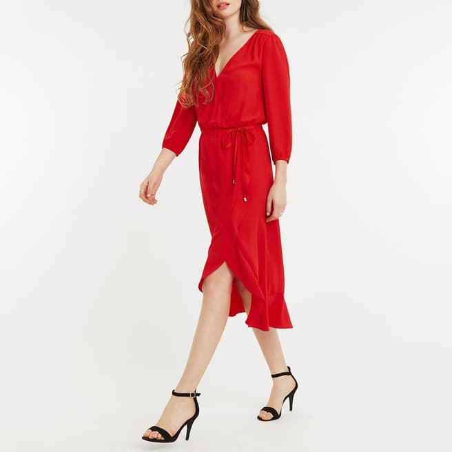 Mid Red Wrap Midi Dress - BrandAlley