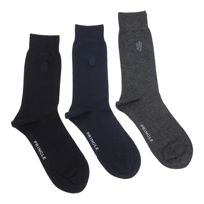 Black Label Black/Navy/Grey Eckford Plain 3 Pack Bamboo Socks - BrandAlley