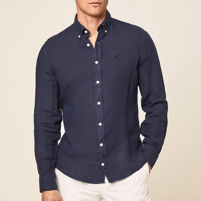 Navy Embroidered Logo Long Sleeve Linen Shirt - BrandAlley