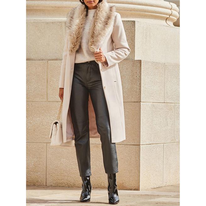 Oatmeal Faux Fur Shawl Collar Longline Coat BrandAlley
