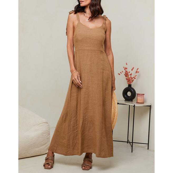 Camel Tie Strap Linen Dress BrandAlley