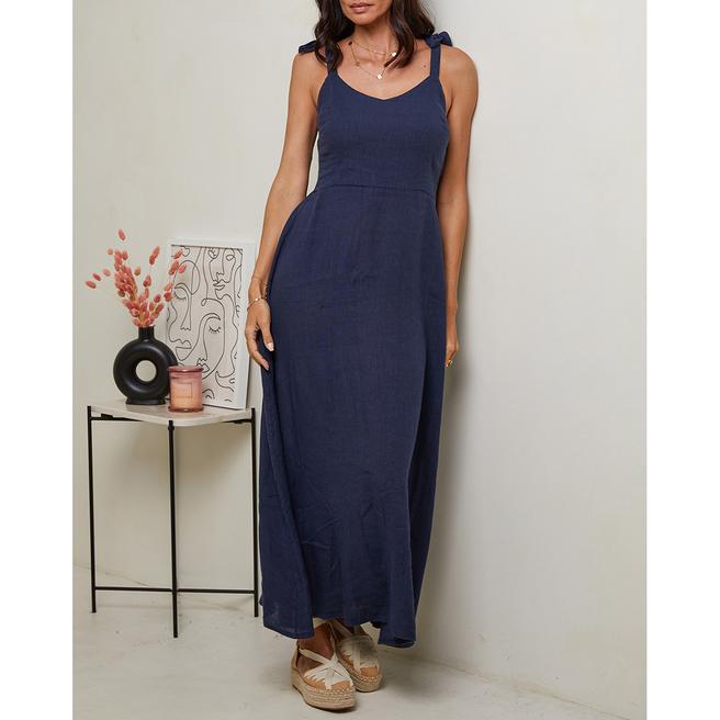 Navy Tie Strap Linen Dress BrandAlley