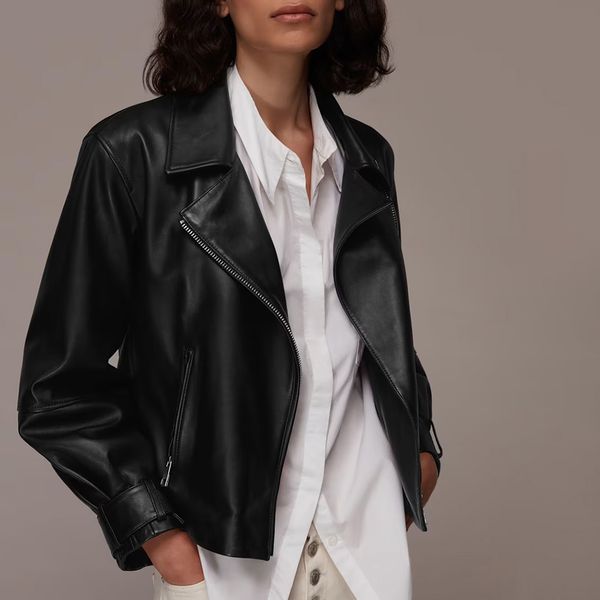 Black Borg Sleeve Leather Biker Jacket BrandAlley