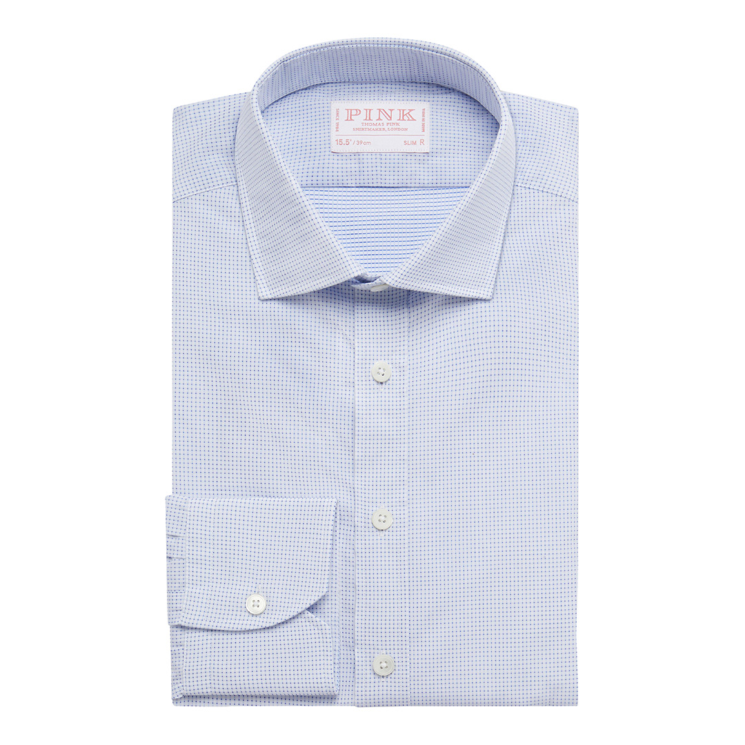 Blue Pin Dot Check Slim Fit Cotton Shirt