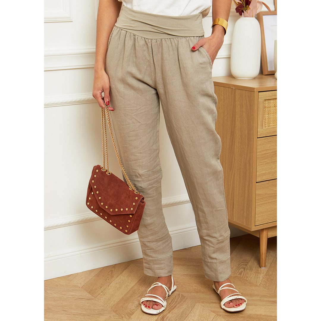 Taupe Slim Fit Linen Trousers - LE MONDE DU LIN - Modalova