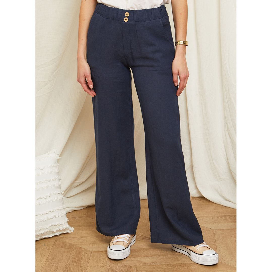 Navy Wide Leg Linen Trouser