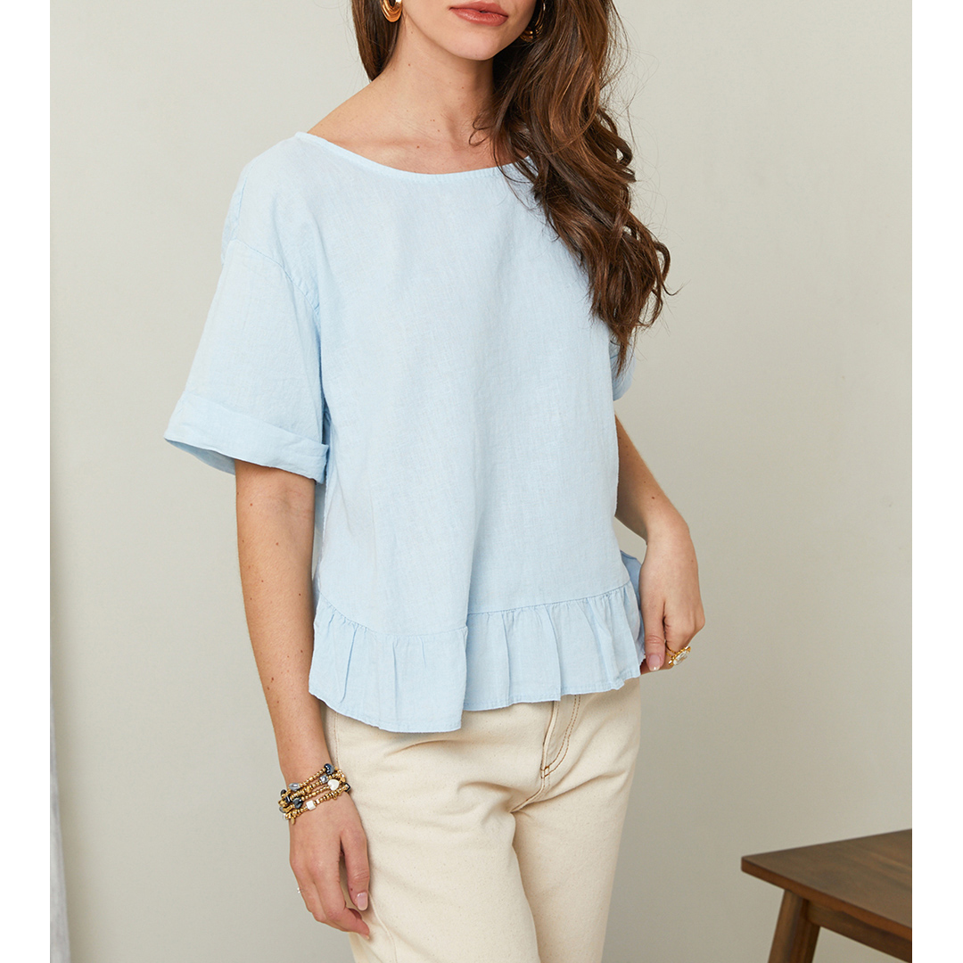 Blue Linen Ruffle Hem Top