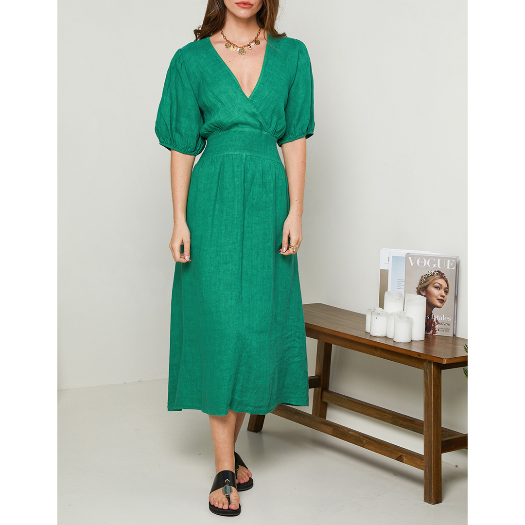Green Puff Sleeve Linen Midi Dress