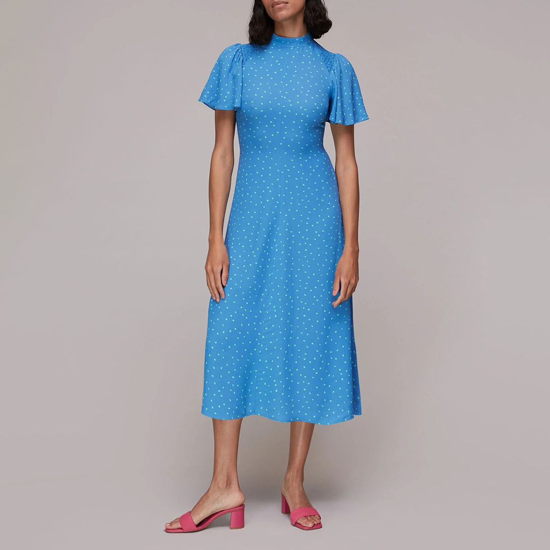 WHISTLES Women's  Blue Spot Print High Neck Midi Dress in Size 6, BrandAlley