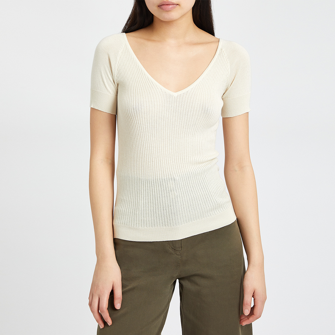 Cream Ribbed VNeck Top