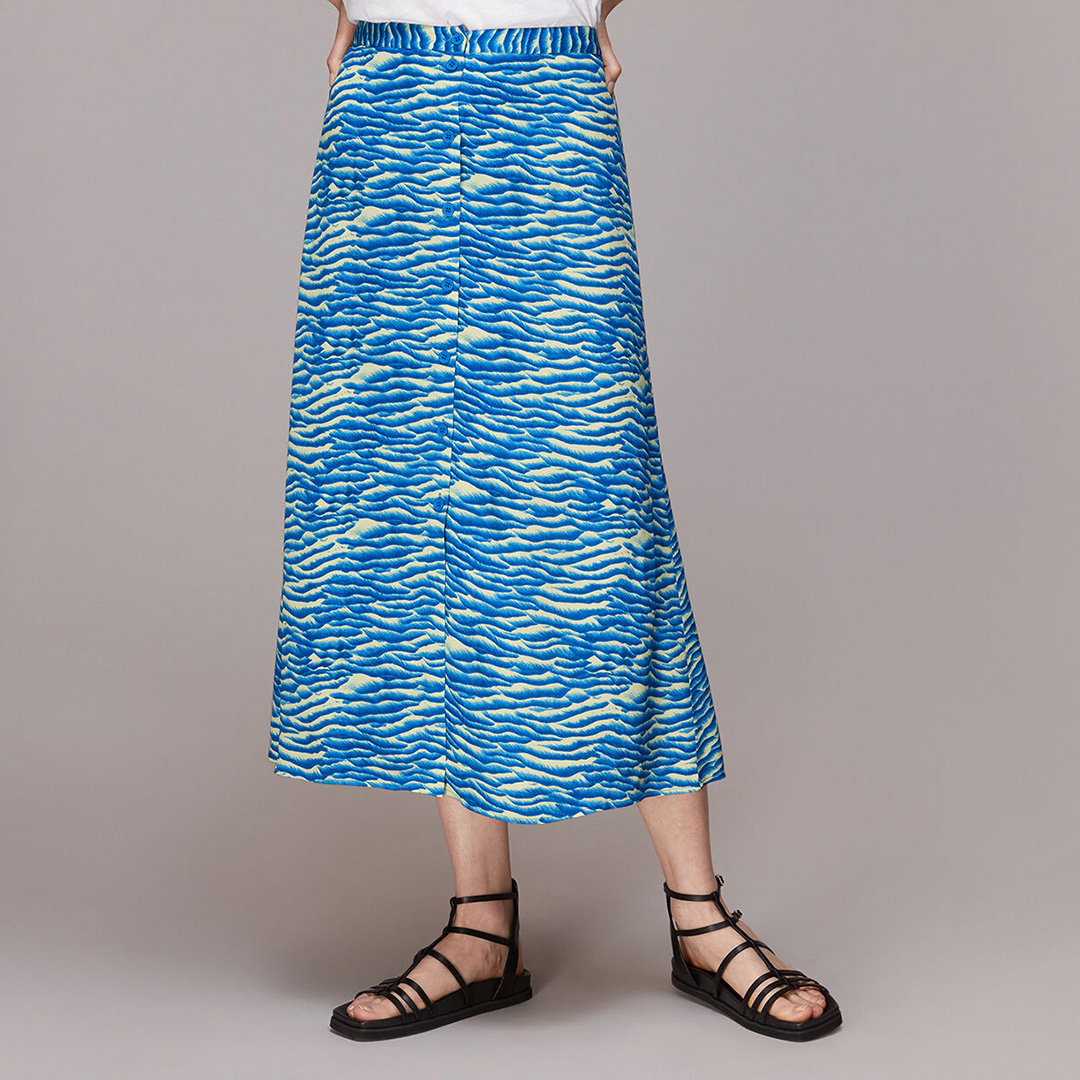 WHISTLES Women's   Blue Printed Button Front Mid Skirt in Size 6, BrandAlley