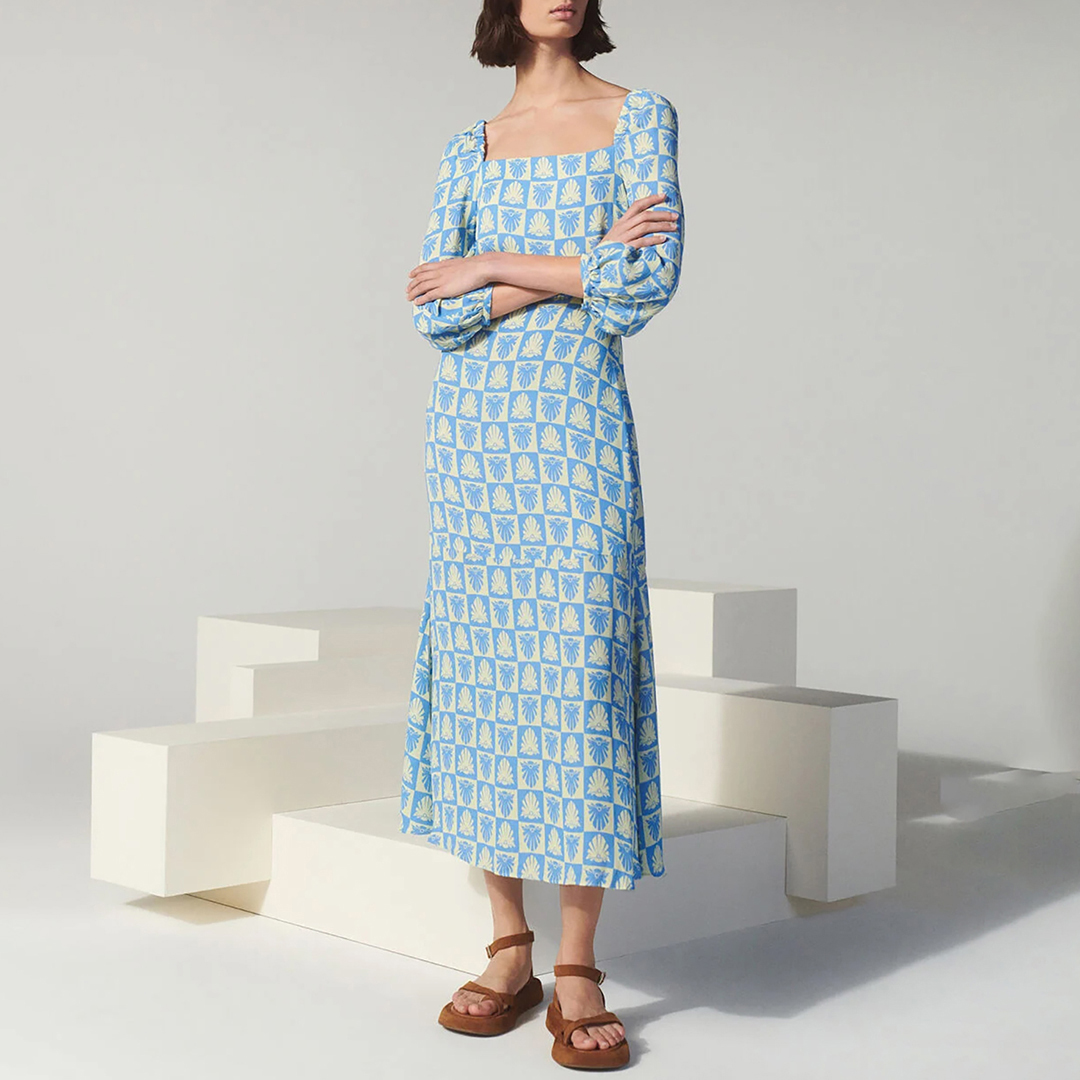 WHISTLES Women's  Blue/White Checkerboard Shells Midi Dress in Size 18, BrandAlley