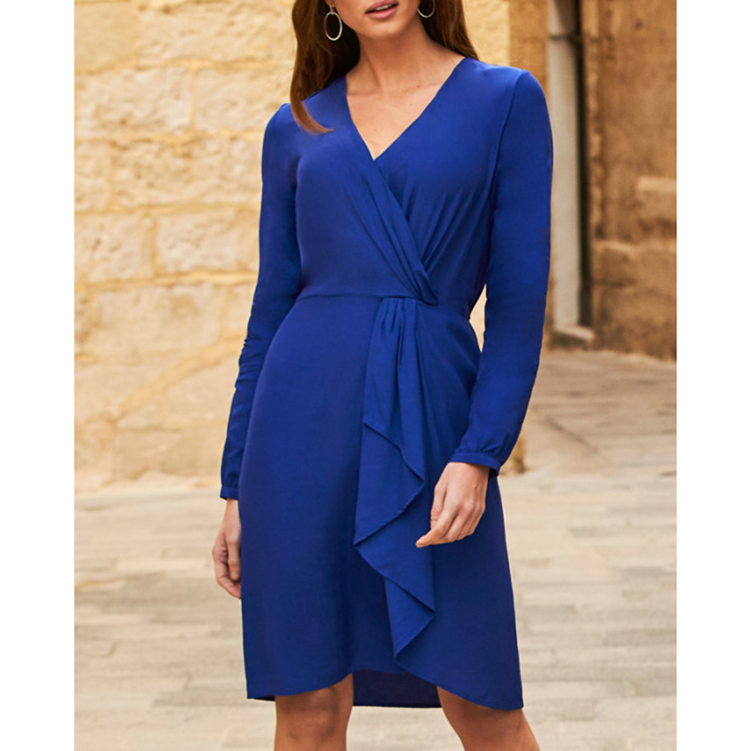 Stylish Elegance: Blue Ruffle Detail Faux Wrap Dress Review