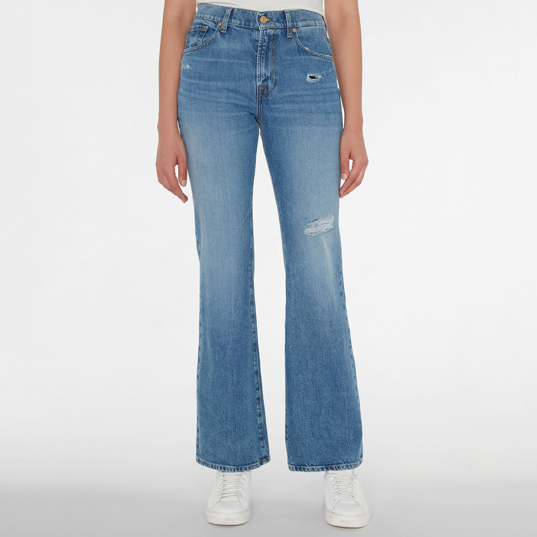 Mid Blue Riley Bootcut Distressed Stretch Jeans