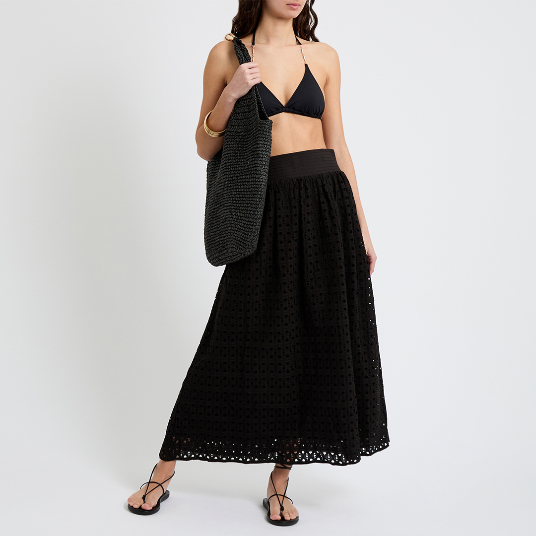 Black Cotton Broderie Anglaise Maxi Skirt