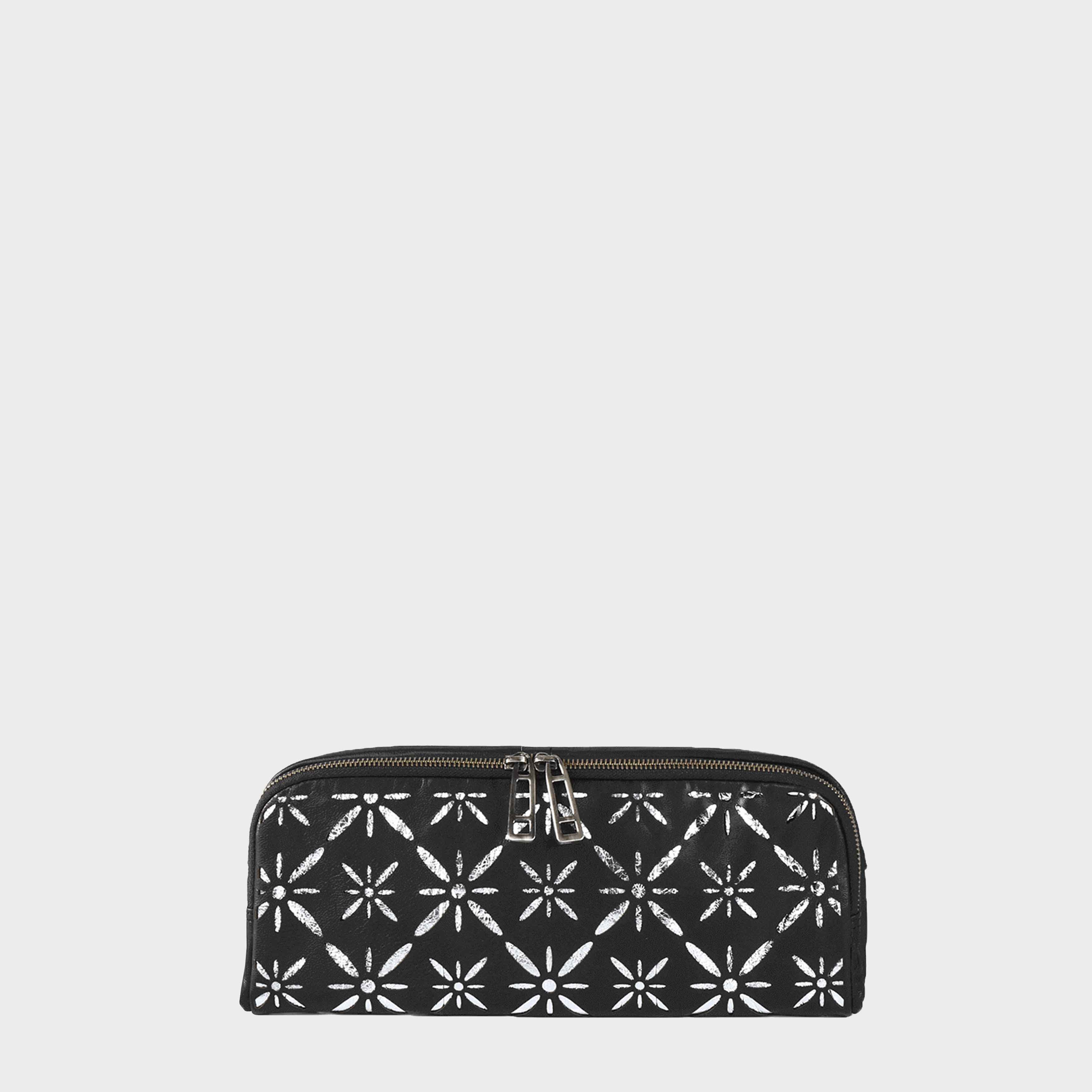 ‘HOLBORN’ Metallic Silver and Black Floral Designer Leather Clutch Bag
