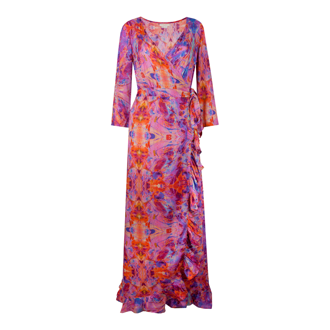 Pink Fire Maxi Ruffle Wrap Dress