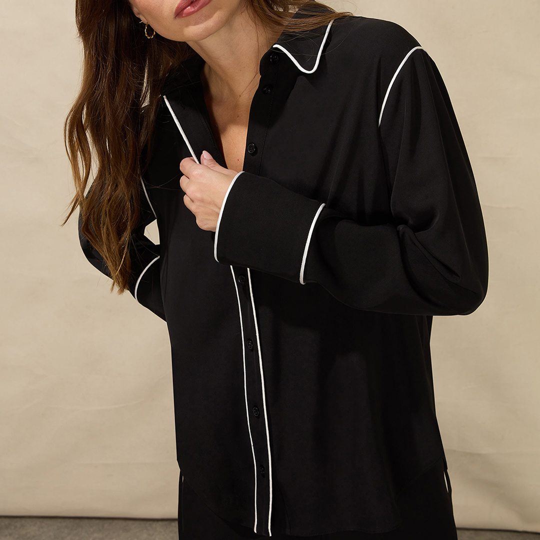 Black Crepe Contrast Piping Shirt