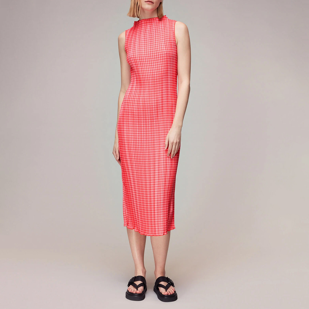 WHISTLES Women's  Pink Houndstooth Plisse Midi Dress in Size 14, BrandAlley