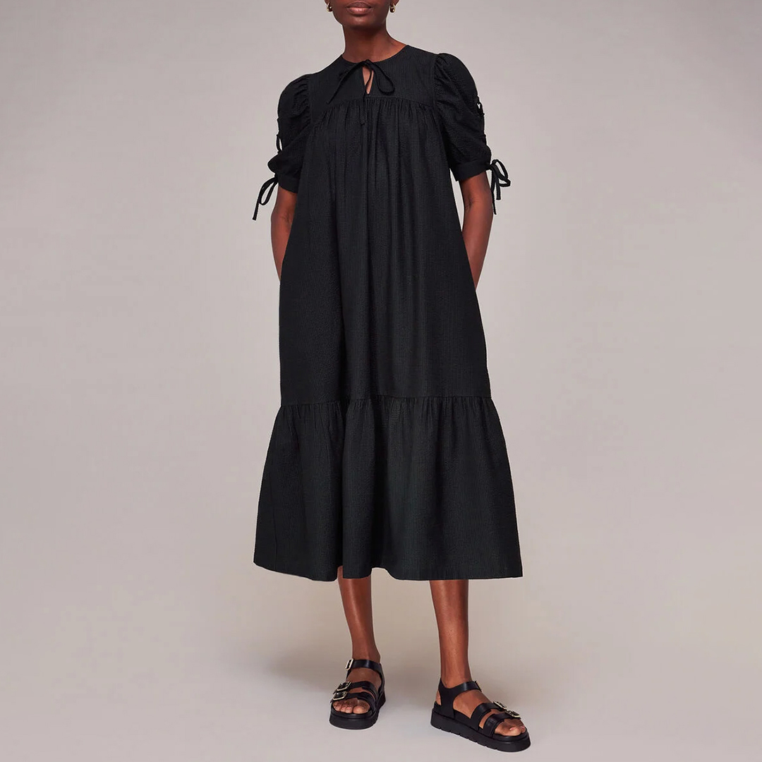 WHISTLES Women's  Black Elsie Seersucker Trapeze Dress in Size 8, BrandAlley