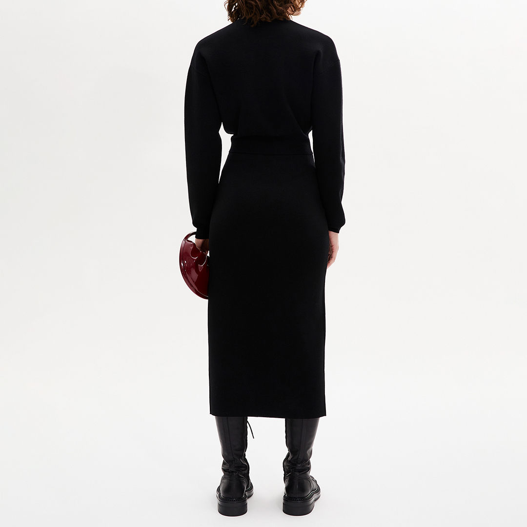 Black Ribbed Split Midi Skirt