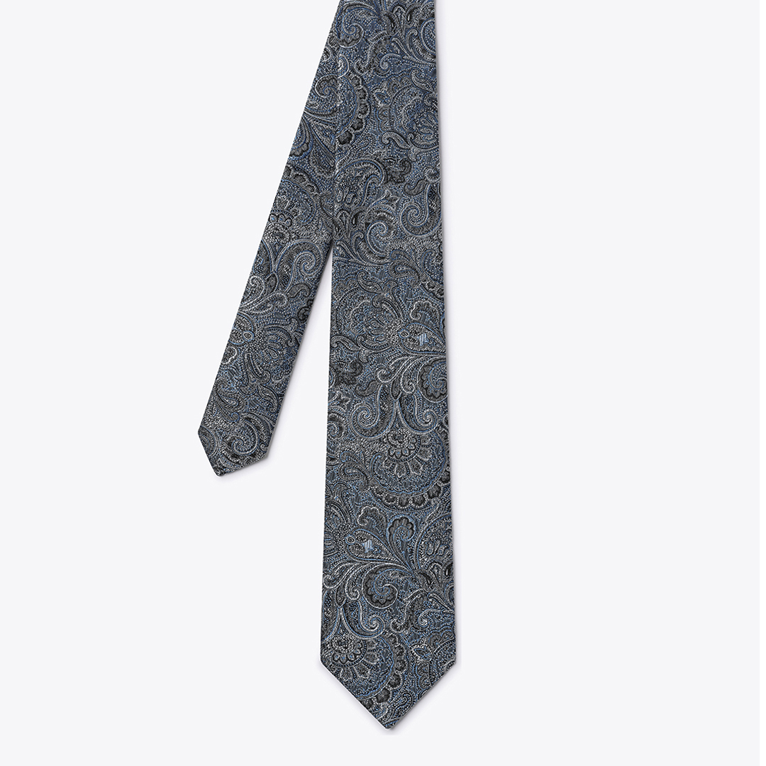 Silver Paisley Print Silk Tie