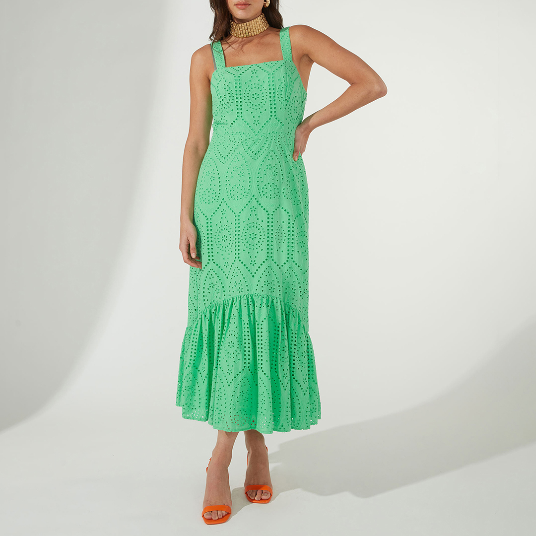 Green Strappy Volume Hem Broderie Maxi Dress