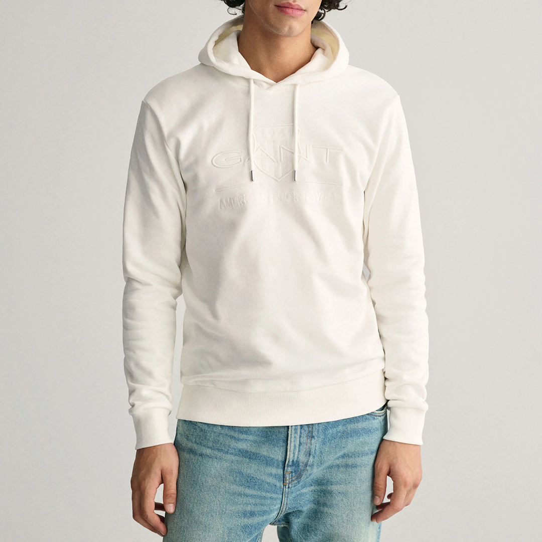 White Tonal Shield Cotton Hoodie