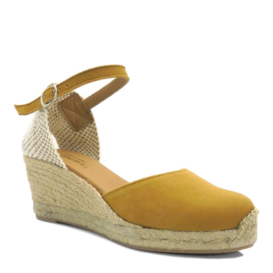 Mustard Suede Closed Toe Espadrilled Wedges