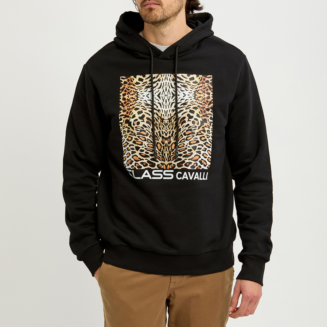 Black Animal Print Logo Cotton Fleece Hoodie