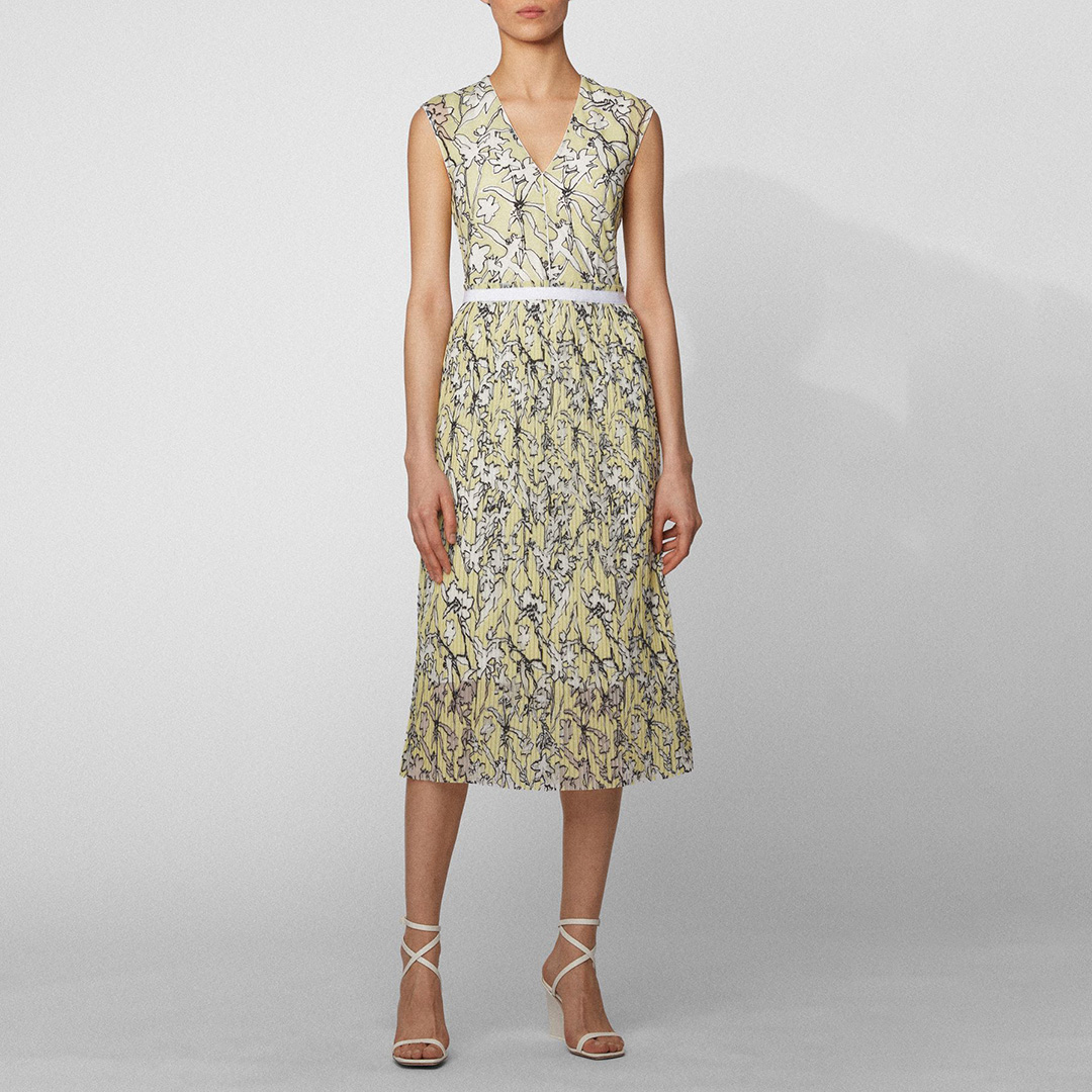 Yellow Damune Floral Pleated Midi Dress