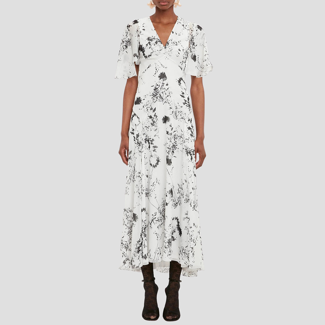 White V-Neck Godet Dress