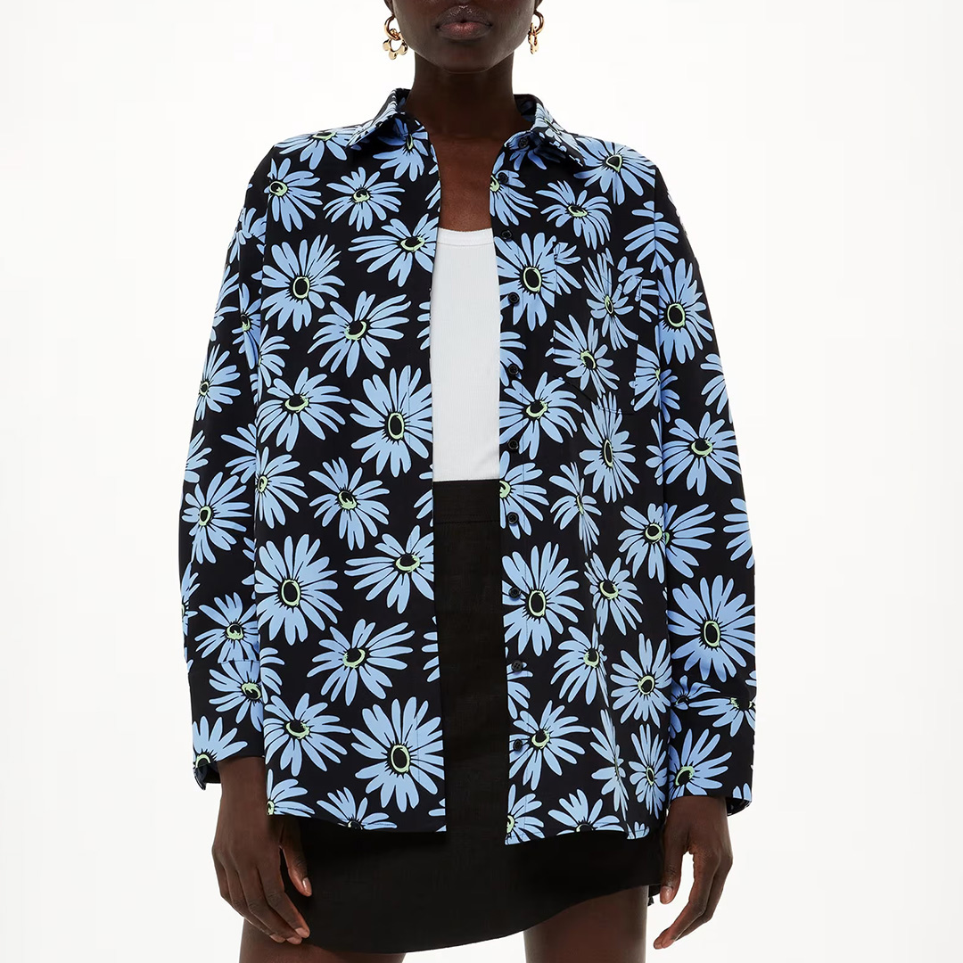 Navy Daisy Printed Oversized Cotton Blend Shirt
