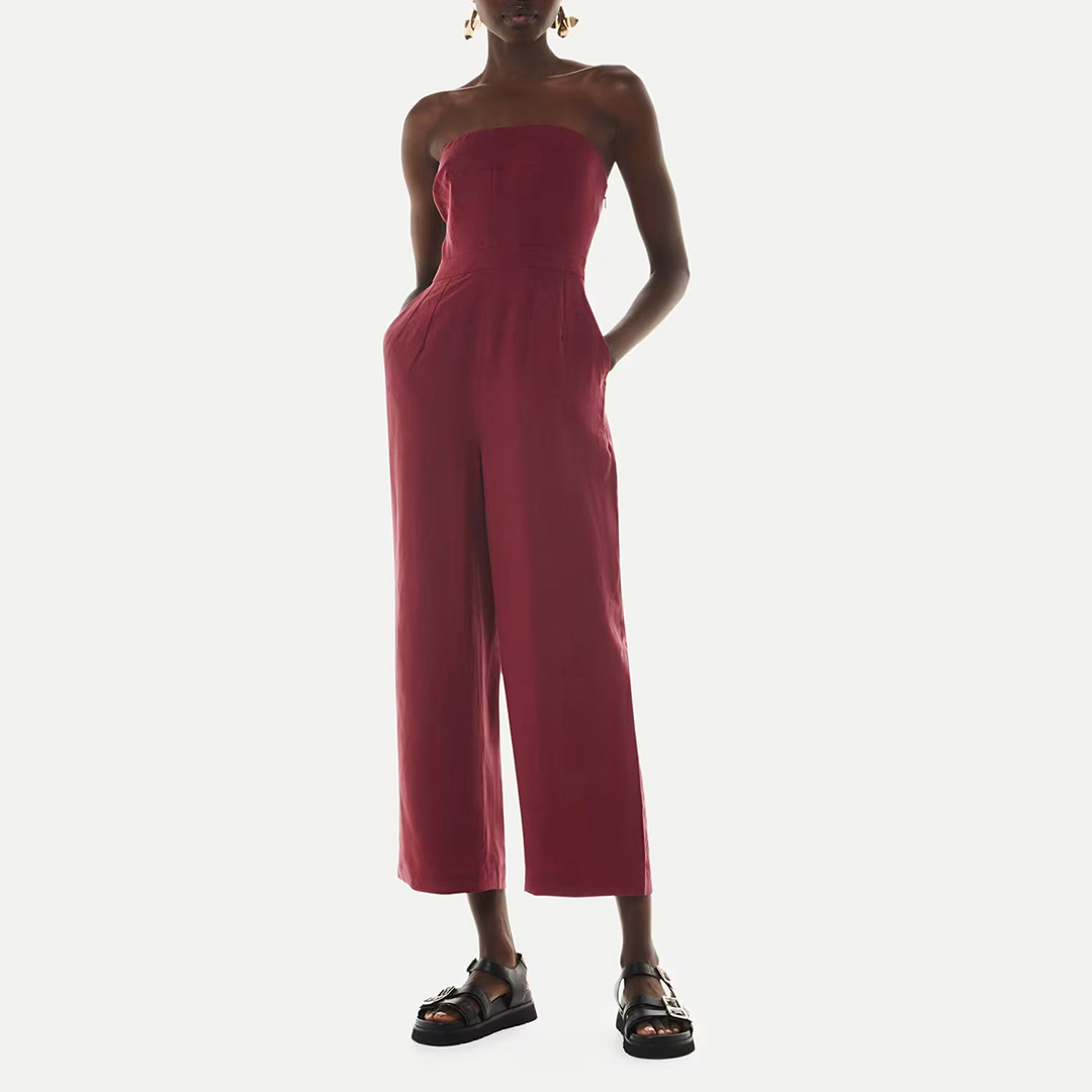 Burgundy Bandeau Linen Blend Jumpsuit