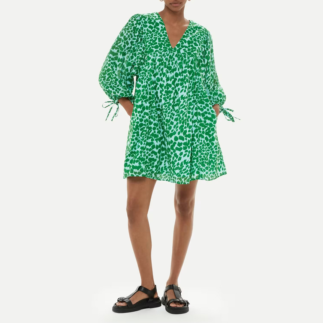 WHISTLES Women's  Green Smooth Leopard Trapeze Cotton Dress in Size 8, BrandAlley