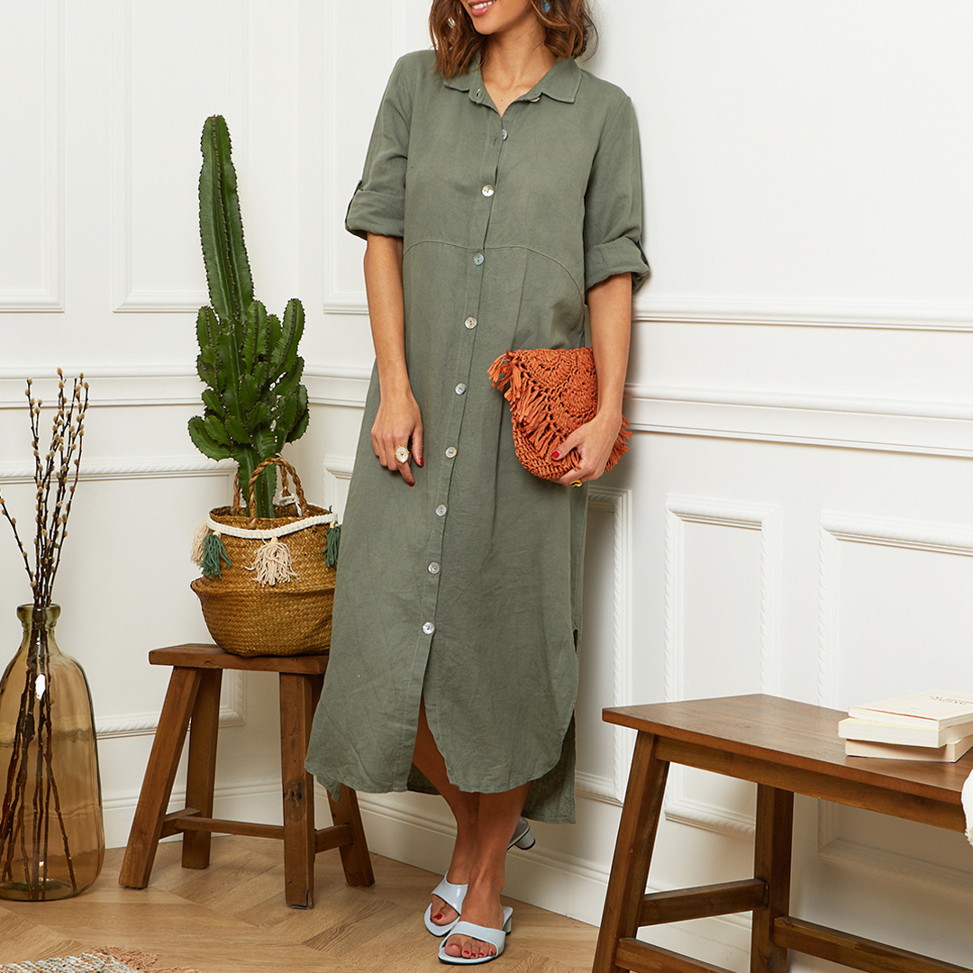 Khaki Linen Trousers - LE MONDE DU LIN - Modalova