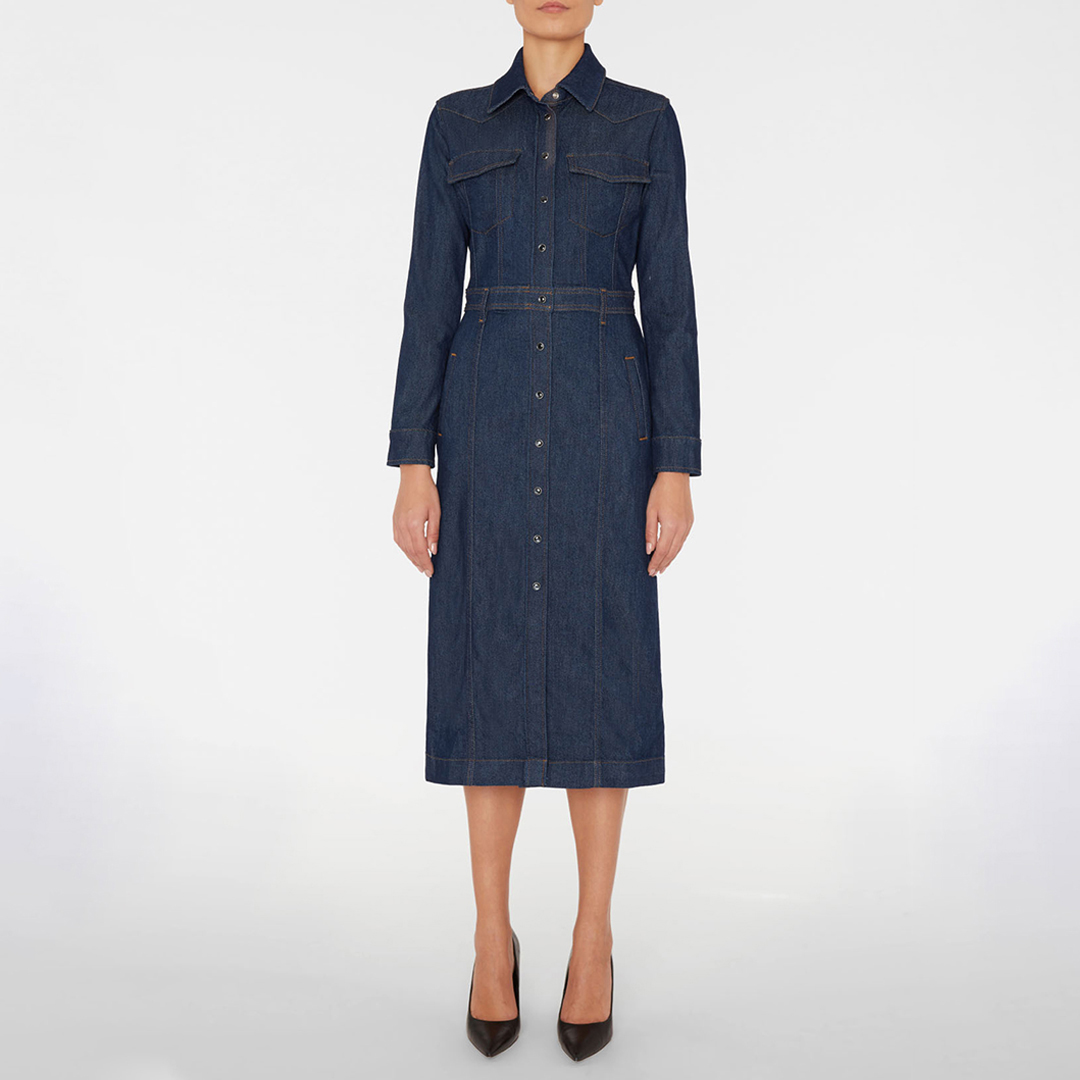 Dark Blue Luxe Denim Midi Shirt Dress