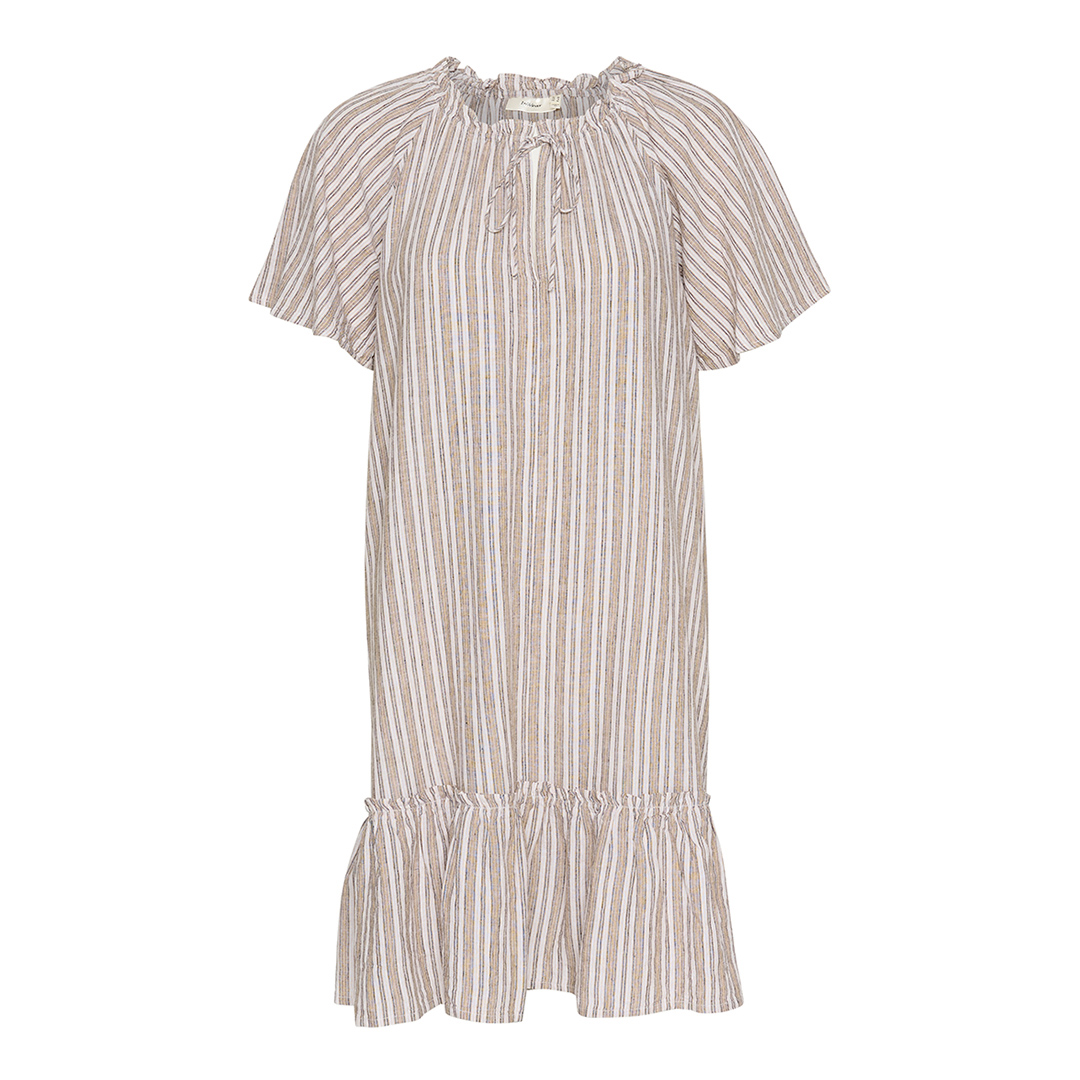 Beige Ellie Flounce Stripe Linen Blend Mini Dress