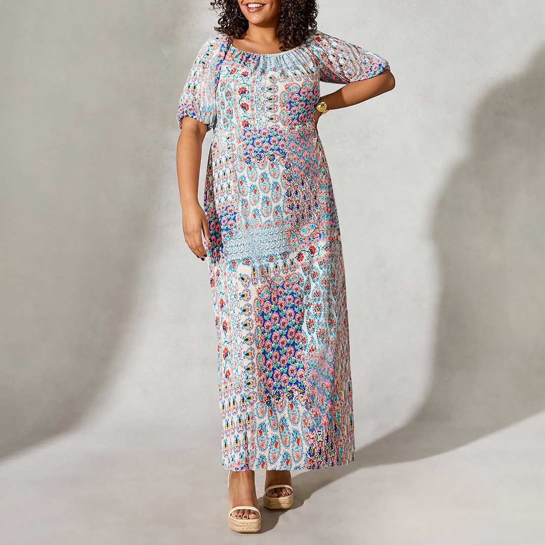 Multi Mosaic Print Bardot Maxi Dress