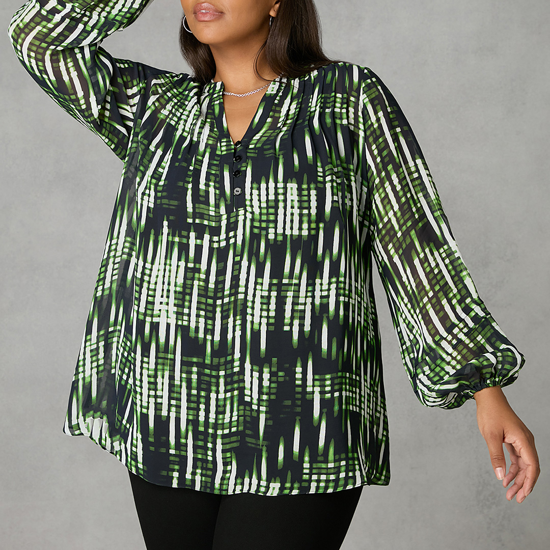 Green Blurred Print Pintuck Blouse - Live Unlimited - Modalova
