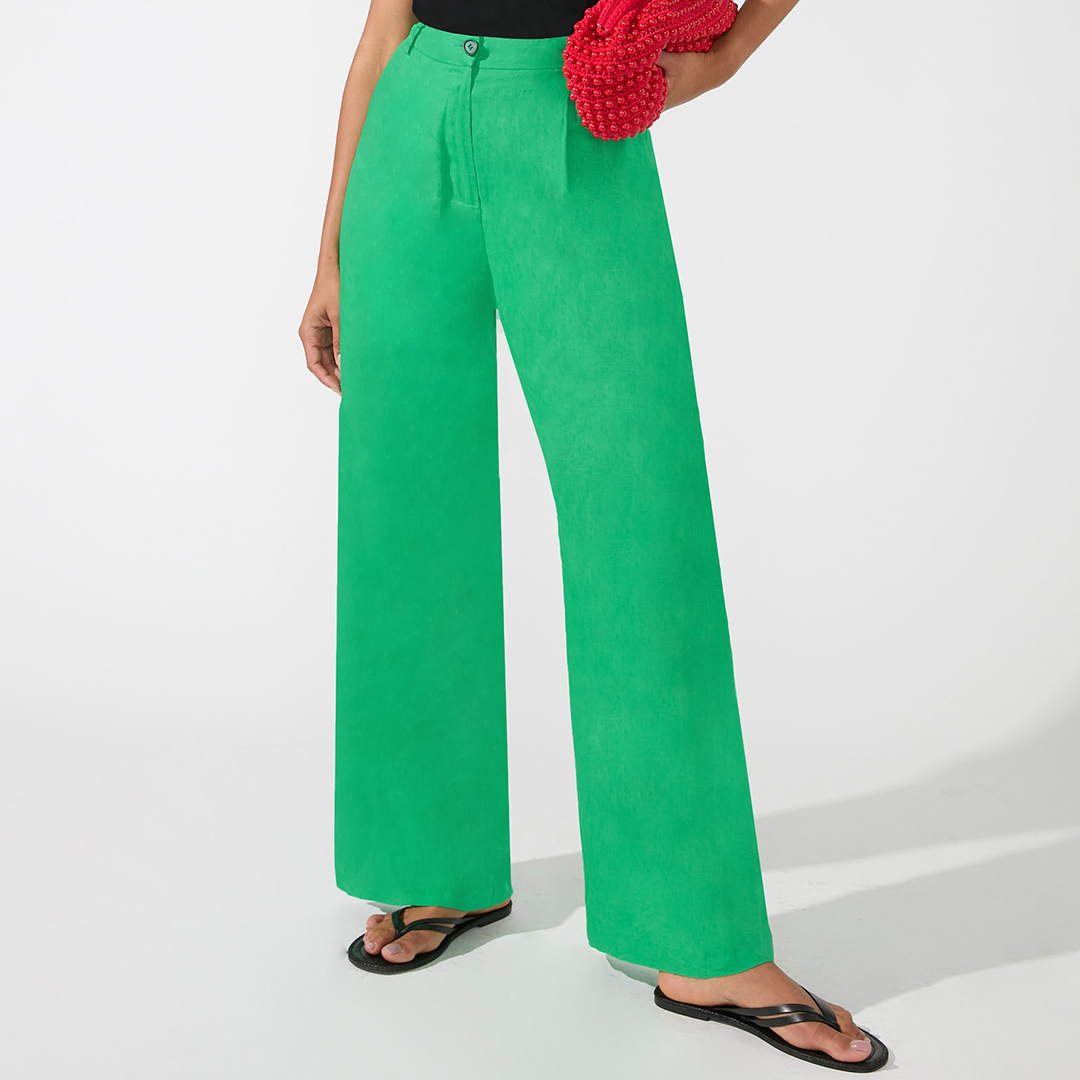 Green Linen Button Front Trousers