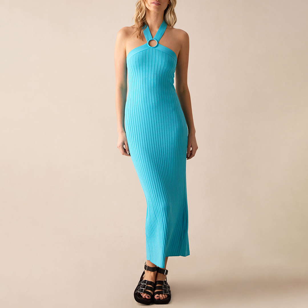 Aqua Ribbed Knit Halter Dress