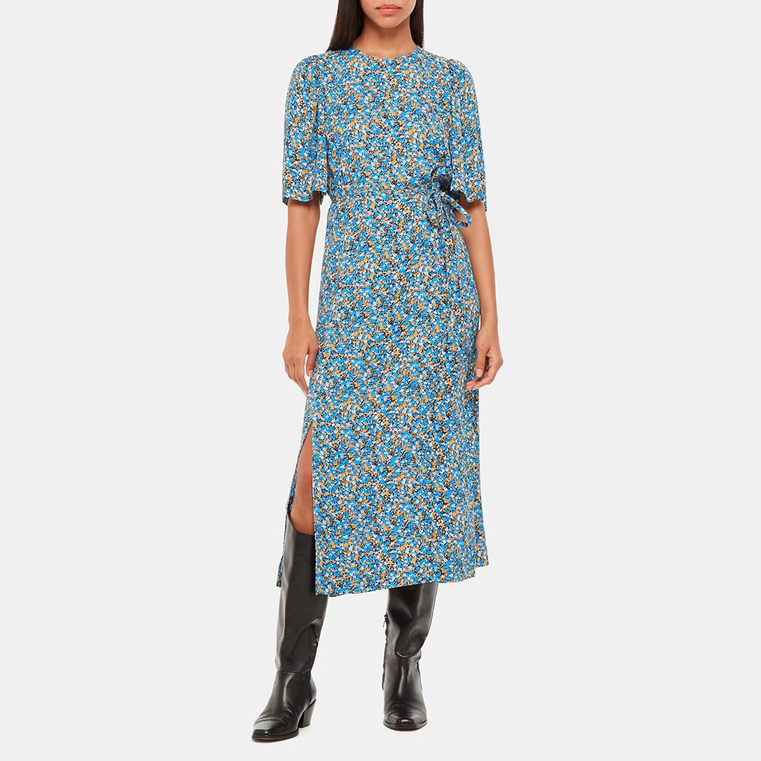 WHISTLES Women's   Blue Tie Waist Floral Midi Dress in Size 6, BrandAlley