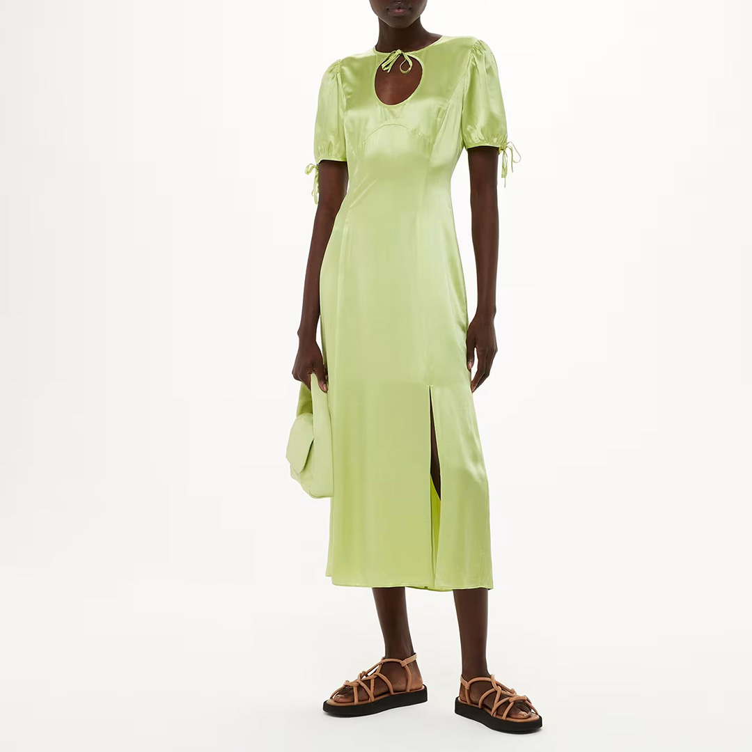 Yellow Keyhole Satin Silk Blend Midi Dress