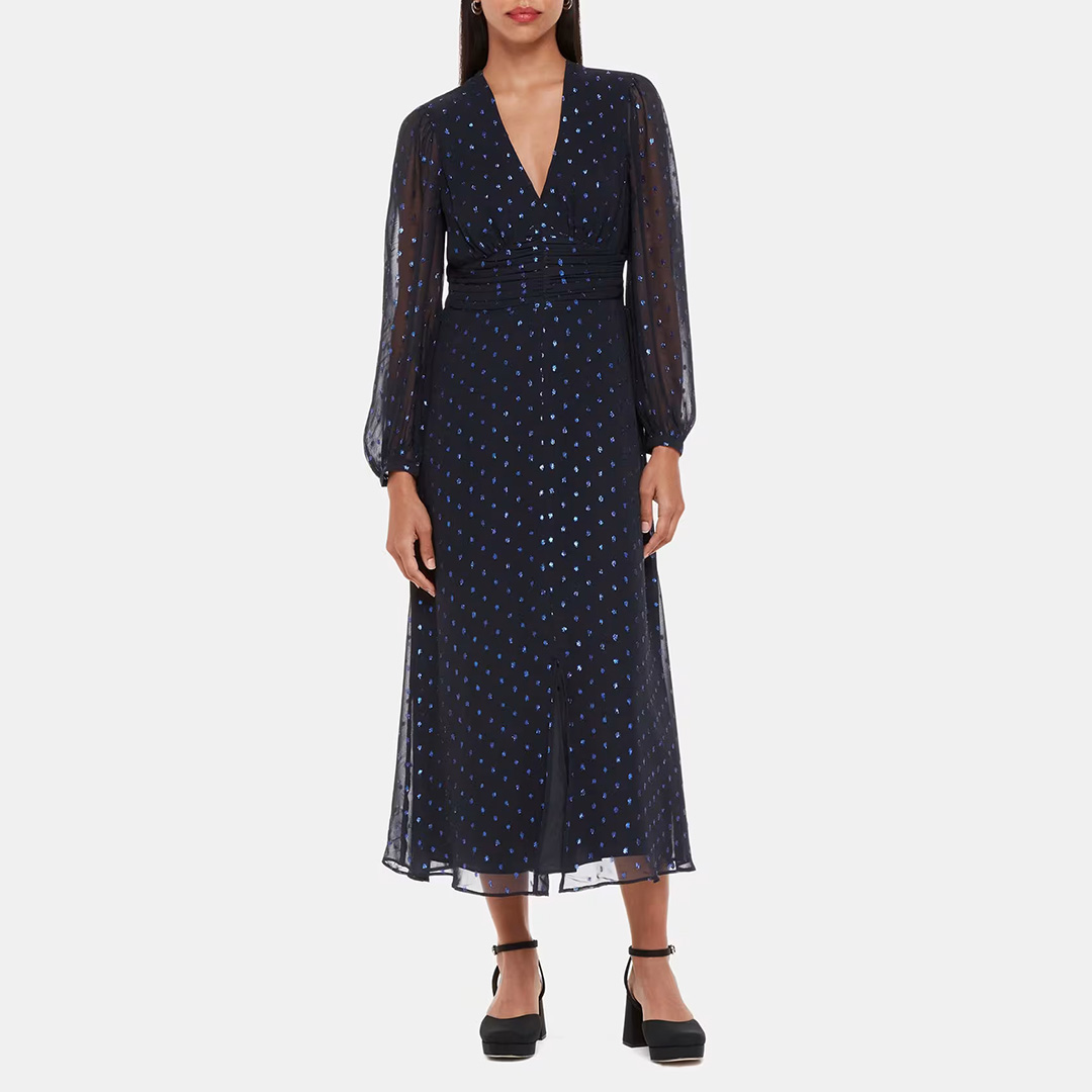 WHISTLES Women's   Navy / Metallic Dobby Midi Dress in Size 10, BrandAlley