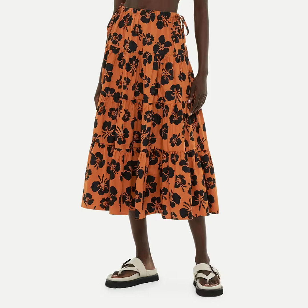 Brown Floral Tiered Cotton Midi Skirt