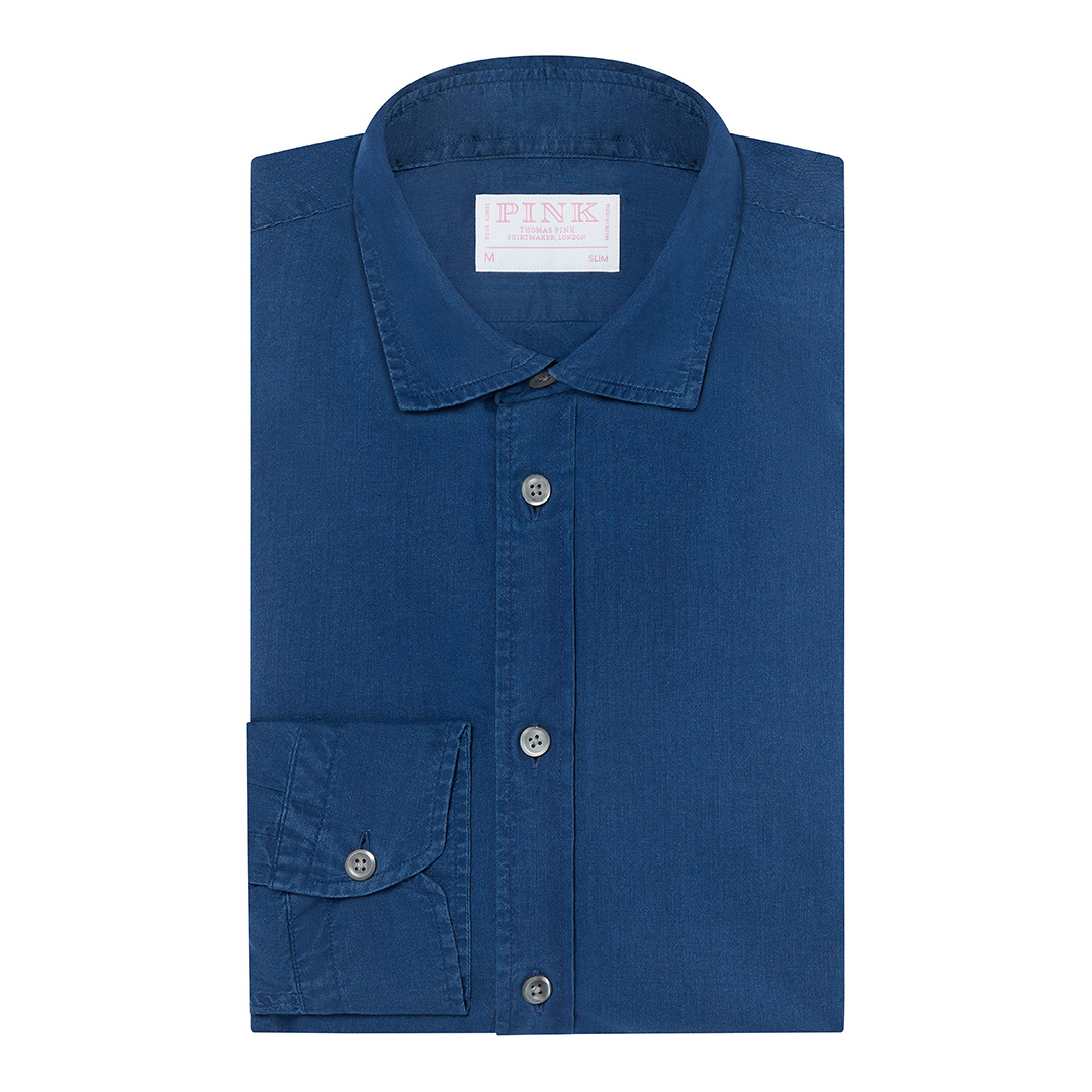 Blue Brushed Puppytooth Slim Fit Cotton Shirt
