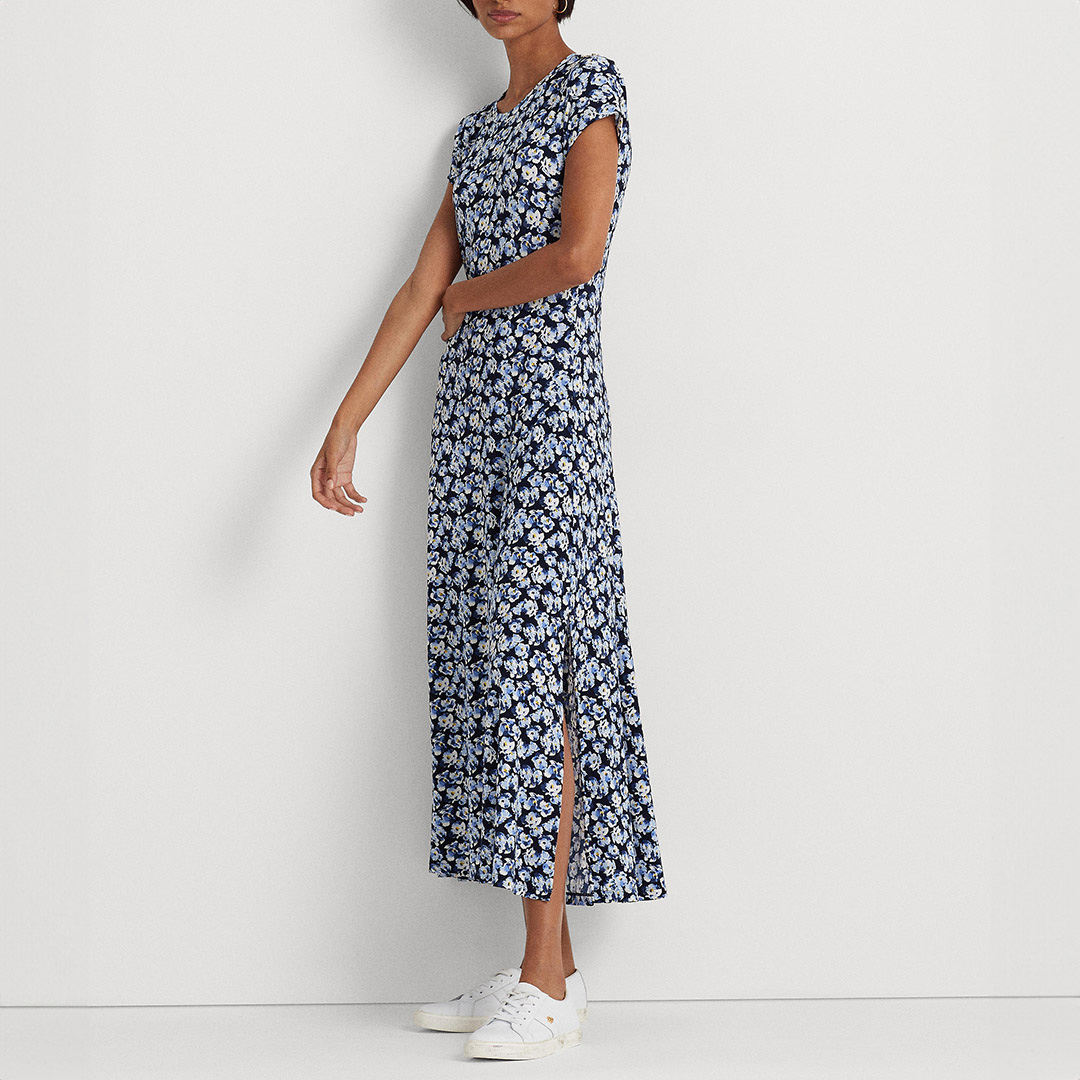 Blue Floral Print Midi Dress