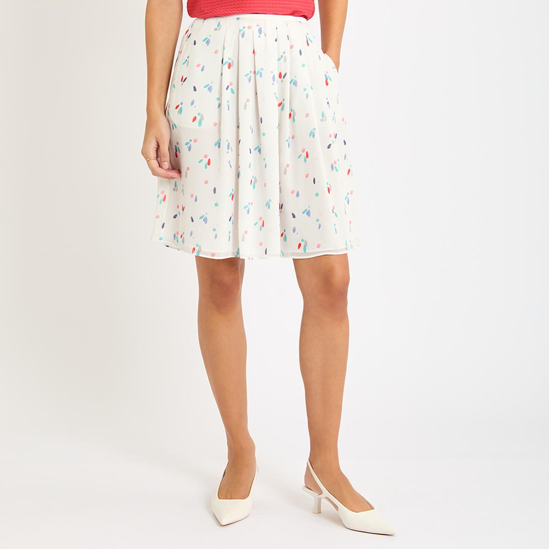 White Contrast Print Floaty Skirt
